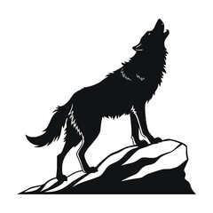 Howling Wolf Silhouette on Mountain Peak – Black and White Vector Illustration .