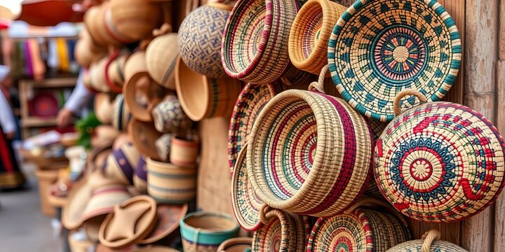 Intricate woven Sidi Bouzid baskets displayed at Bir El Haffay's outdoor souk,  heritage,  culture