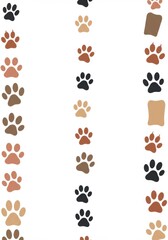Colorful paw prints are arranged in vertical rows on white background