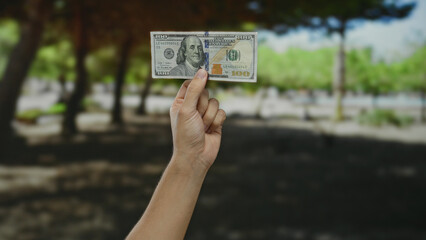 Male hand holding us dollar banknote in a sunny park setting, reflecting currency and casual...