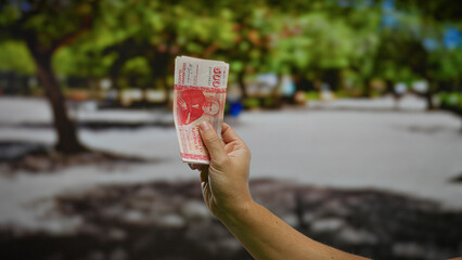 Hand holding malaysian ringgit outdoors in an urban park, symbolizing investment and business...