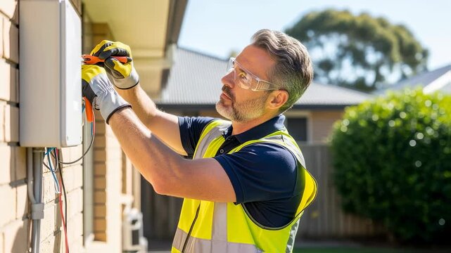 Electrician wearing safety glasses and gloves is installing or repairing an electrical system on the exterior of a residential building, using a screwdriver and pliers on a sunny day