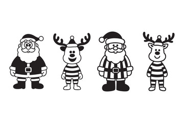 Black and White Santa Claus and Reindeer Christmas Vector Characters Set