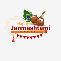 Happy Janmashtami Festival Greeting with Krishna Elements and Decorative Bunting