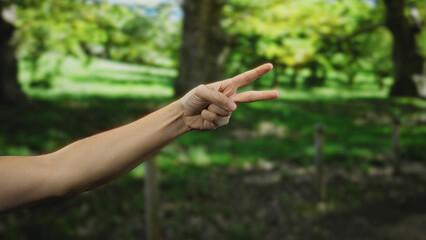 Man's hand making a peace sign symbol against lush green park background under bright sunlight conveying a sense of relaxation and tranquility in an outdoor setting.