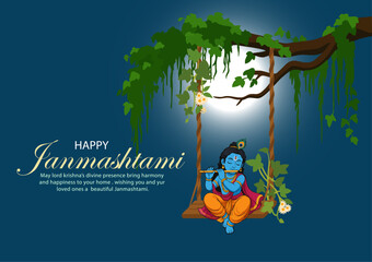 Lord Krishna as Child Playing Under Tree with Swing – Happy Janmashtami Festival Illustration