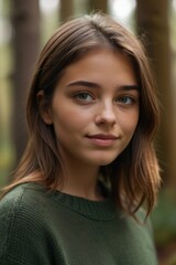 Fototapeta premium The image shows a woman in a green sweater posing for a portrait in the woods. The background is slightly blurred, giving the image a dreamy feel.
