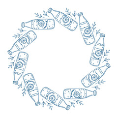 Decorative arrangement of lemon soda bottles with leaves in a circular design for summer activities