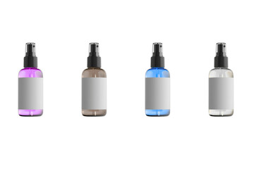 A Spectrum of Cleanliness: A collection of four colorful spray bottles, each filled with a unique...