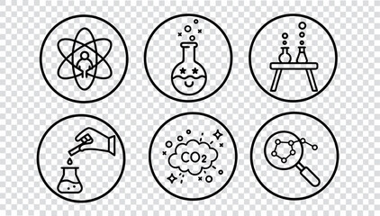 Kids chemistry icon set concept. Science experiments research lab in minimal outline style. Education science learning children book. Simple black line art design on transparent background vector
