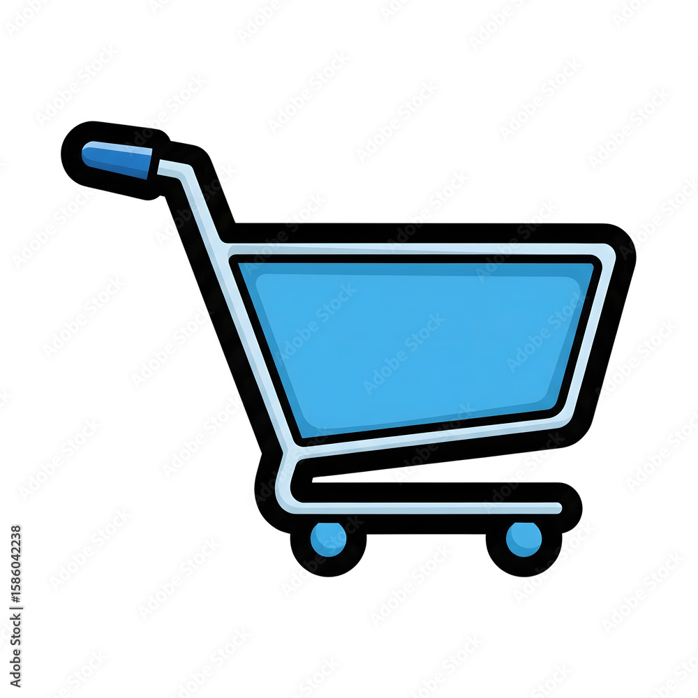 Poster blue shopping cart icon simple line art design isolated on a transparent background