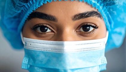 Close-up of a woman wearing a medical cap and mask