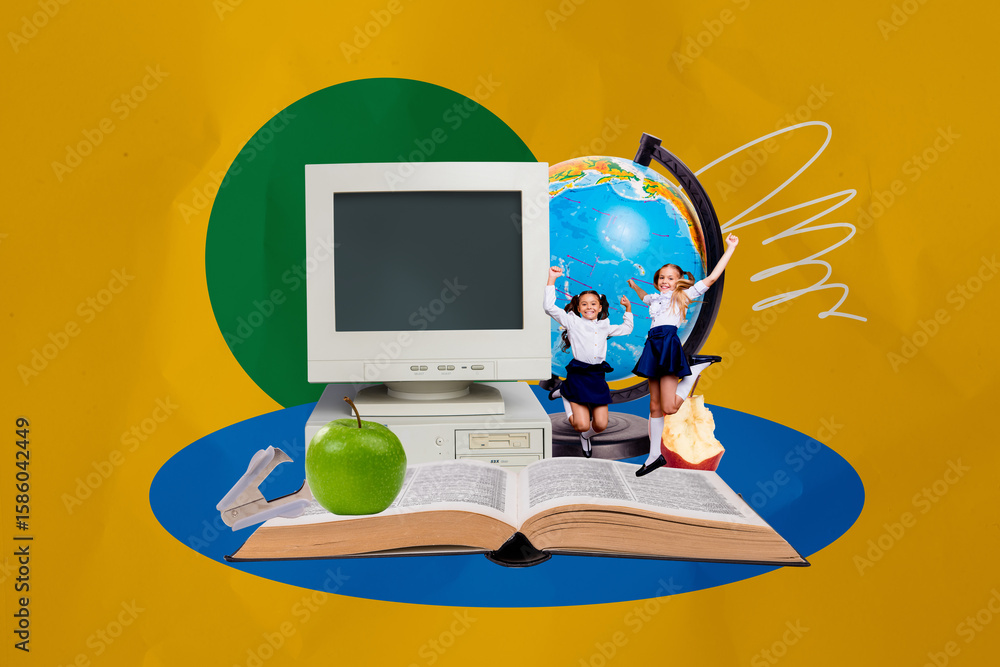 Poster 3D photo collage template artwork composite of schoolgirl jump smile open book globe computer monitor learn lesson school class pupil