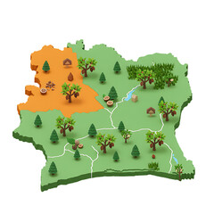 Wildlife map of Ivory Coast with trees and paths