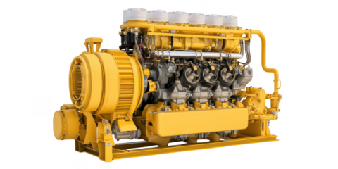 Yellow industrial engine with silver components isolated on a transparent background