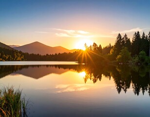 Fototapeta premium Serene sunset over a calm lake, mirrored in the water