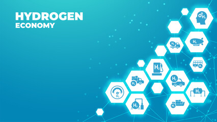 Hydrogen economy vector illustration. Concept with connected icons related to hydrogen use as fuel, in industrial processes, hydrogen storage and transport.