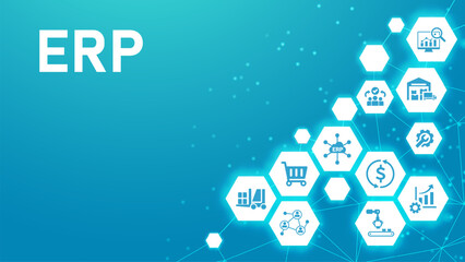 ERP banner. concept for enterprise resource planning with icon of inventory, financials, production, service, purchasing. vector illustration EPS 10.