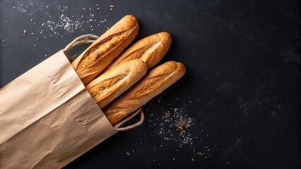 Four Crusty Baguettes in Rustic Brown Paper Bag, Dark Background, Top View, Gourmet Bakery, Fresh Bread, Food Photography, Appetizing, Delicious, Rustic Style,  Culinary Image.
