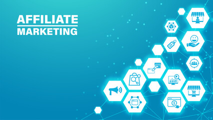 Affiliate marketing concept with icons. Pay per click, buyer, publisher, link, advertising, website, SEO, merchant. Web vector infographic