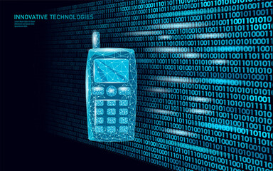 Old mobile phone illustration. Cellular telephone communication gadget polygonal art. Telecommunications history design nostalgia. Blue dark background low poly vector