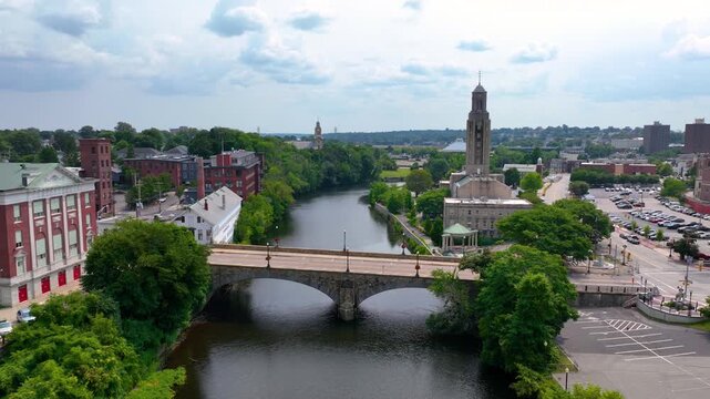 Exchange Street Bridge over Blackstone River and Pawtucket historic city center aerial view, Pawtucket, Rhode Island RI, USA.