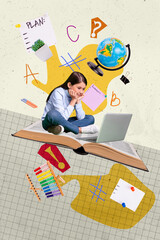 Composite zine art pop trend collage of happy schoolgirl sir book laptop distance e-learning supplies globe sticker abacus