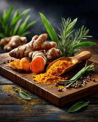 Fresh ginger root and turmeric on a wooden board. © Milagro