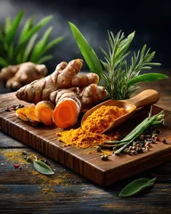 Fresh ginger root and turmeric on a wooden board. © Milagro