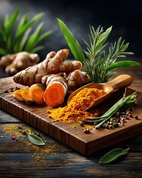 Fresh ginger root and turmeric on a wooden board.