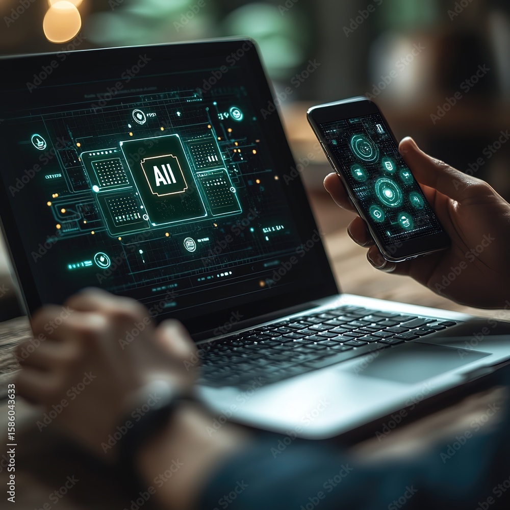 Fototapete dual device ai application: man in dark t-shirt using laptop showing ai chip and smartphone with ai 