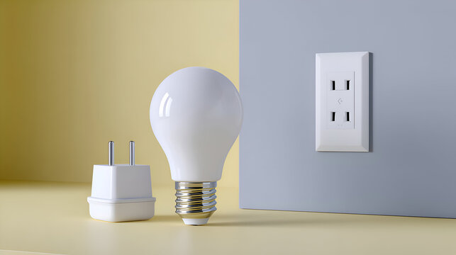 Minimalist scene featuring a light bulb, plug adapter, and wall outlet on pastel yellow and blue background.
