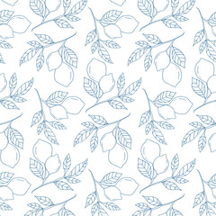 Delicate floral pattern featuring branches and leaves in soft blue on a white background