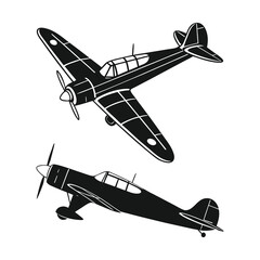 Vintage Propeller Airplane Silhouette Set – Retro Military Aircraft Illustration