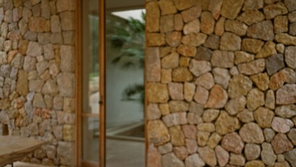 Blurry view of a mediterranean-style house facade with stone walls and glass doors, surrounded by...