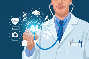 A professional medical illustration showing a caucasian male doctor in a light blue lab coat and blue tie holding a stethoscope against a dark blue background.