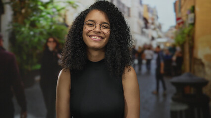 Woman smiling on an old european street, surrounded by bustling activity, capturing the essence of vibrant outdoor city life.