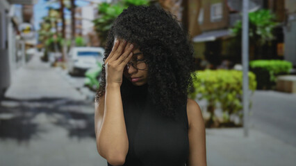 Young hispanic woman with curly hair and glasses stands on a vibrant street appearing thoughtful in...