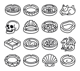 Decorative ashtrays line icons. ornate design, carved edge, floral pattern, animal shape, skull form, art deco style, mosaic finish, abstract