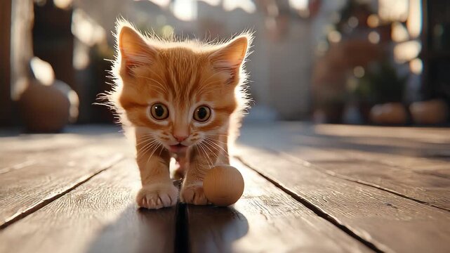 Playful Orange Tabby Kitten with Wooden Ball on a Sunny Deck