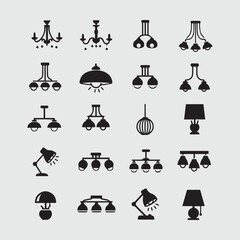 Collection of various black chandelier and lamp icons on a light gray background