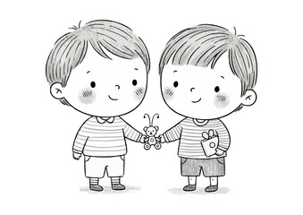 Cute little boys holding hands and sharing a toy illustration in a monochrome style with cheerful expressions