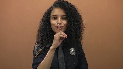 Young hispanic woman police officer in uniform gesturing silence with finger on lips against...