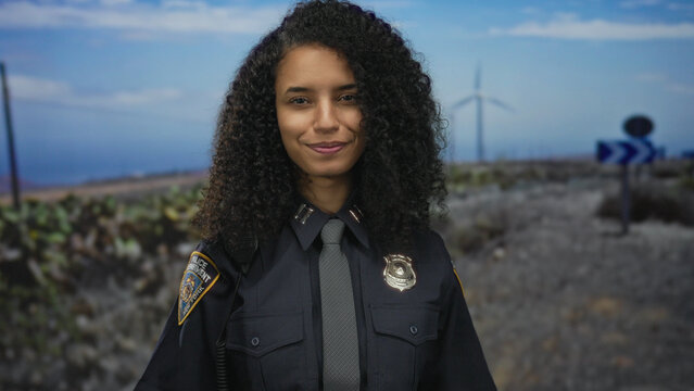 Young hispanic woman police officer in uniform stands before windmill and salutes hand to forehead in outdoor field; pride duty.