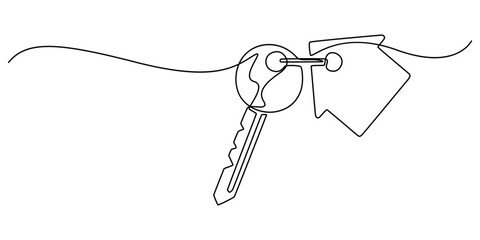 Continuous one line art drawing symbol of house keys, Simple key house outline drawing illustration. one continuous line drawing of Key house, A keychain house, Minimalistic icon, Real Estate Line.