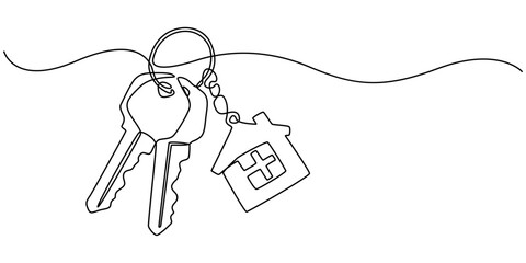 Continuous one line art drawing symbol of house keys, Simple key house outline drawing illustration. one continuous line drawing of Key house, A keychain house, Minimalistic icon, Real Estate Line.