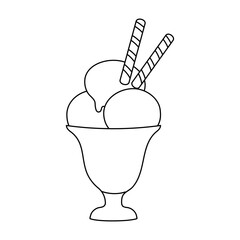Delicious ice cream sundae served in a glass dish with wafer sticks in a sunny outdoor setting