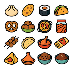 Traditional Food Icons modern flat style . dumpling, naan bread, sushi roll, taco, pretzel, falafel, paella, kimchi jar, satay skewer, pierogi, curry bowl, enchilada
