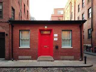 Naklejka premium Charming red-bricked building with a vibrant red door in a city.