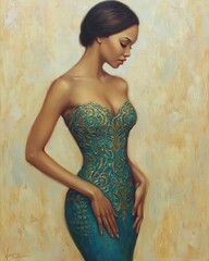 Elegant woman in ornate gown showcasing graceful beauty.